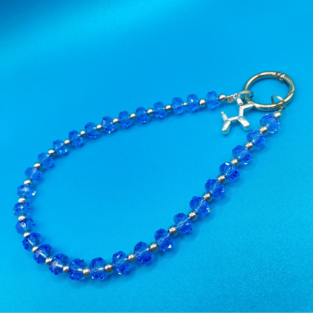 💙Sparkly Bling Crystal Glass Bead Wristlet Keychain Phone Bag Charm Lanyard Blue